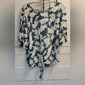Floral Tie-Front Blouse - Blue and White